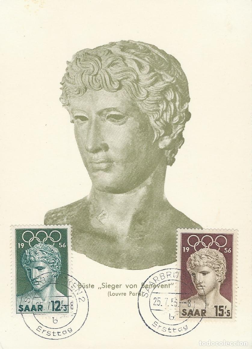 Sellos: 1956. SARRE/SAARLAND. M&Aacute;XIMA/MAXIMUM CARD. JJ.OO. MELBOURNE. YT 353 Y 354. DEPORTES/SPORTS. ARTE.