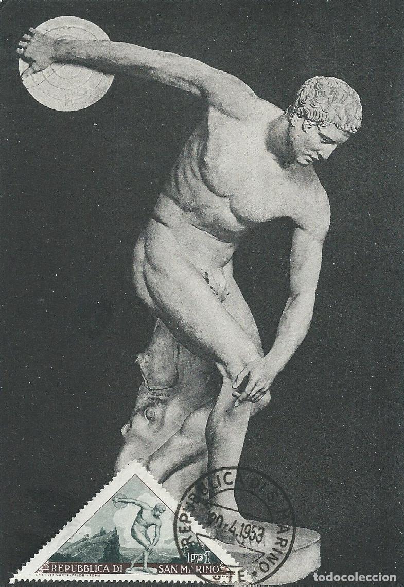Sellos: 1953. SAN MARINO. M&Aacute;XIMA/MAXIMUM CARD. DISC&Oacute;BOLO/DISCOBOLUS. YT 365. ATLETISMO/DEPORTES/SPORTS/ARTE.