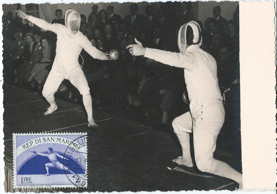 Sellos: 1956. SAN MARINO. M&Aacute;XIMA/MAXIMUM CARD. ESGRIMA/FENCING. YT 384. DEPORTES/SPORTS.