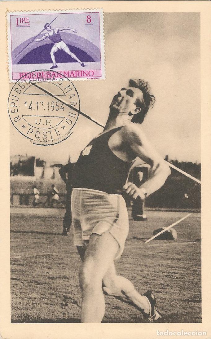 Sellos: 1954. SAN MARINO. M&Aacute;XIMA/MAXIMUM CARD. ATLETISMO/ATHLETICS/JABALINA. YT 388. DEPORTES/SPORTS.
