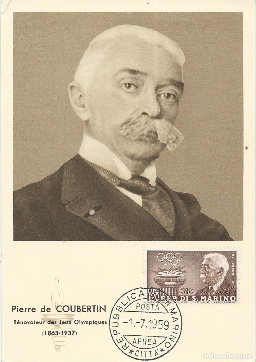 Sellos: 1959. SAN MARINO. M&Aacute;XIMA/MAXIMUM CARD. PIERRE DE COUBERTIN. YVERT A-116. DEPORTES/SPORTS. OLIMPISMO.