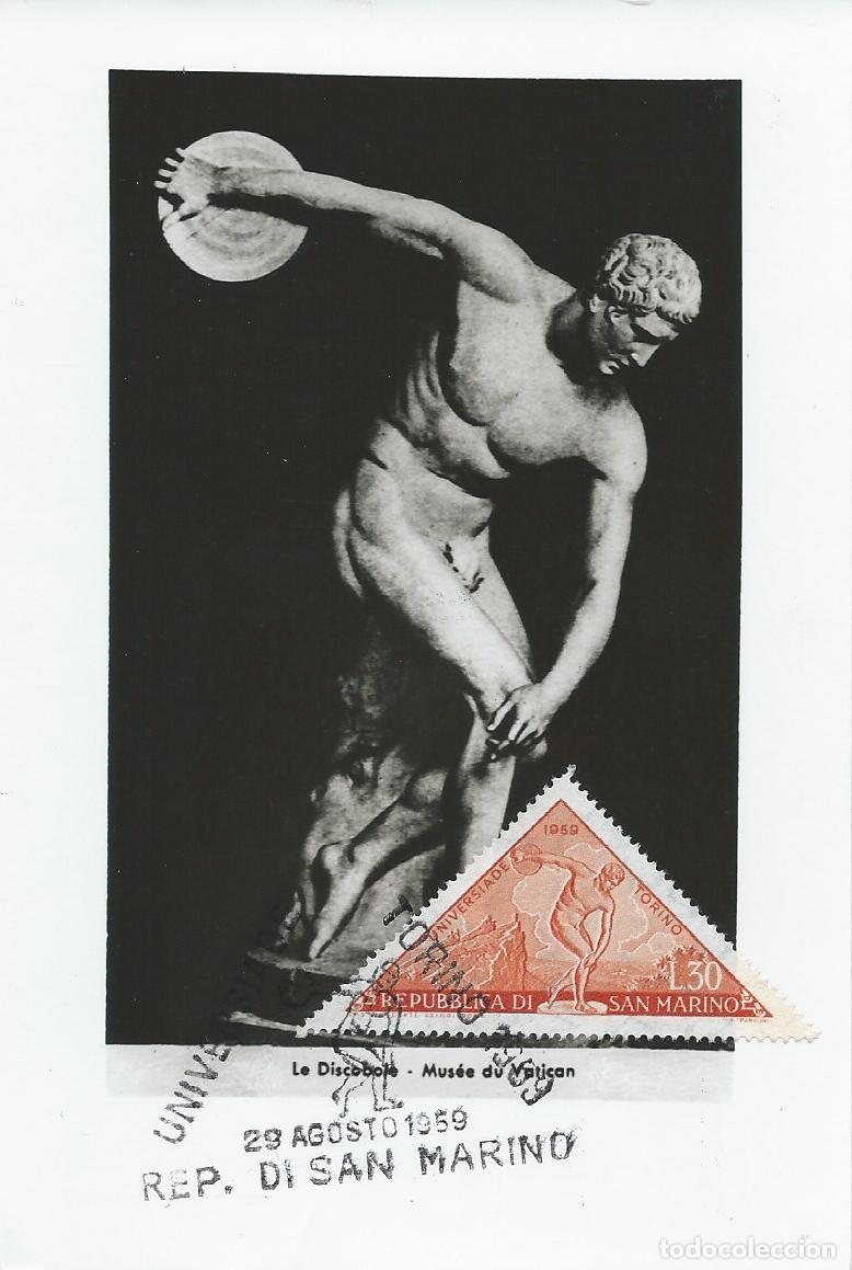 Sellos: 1959. SAN MARINO. M&Aacute;XIMA/MAXIMUM CARD. DISC&Oacute;BOLO/DISCOBOLUS. YT 470. ATLETISMO/DEPORTES/SPORTS/ARTE.