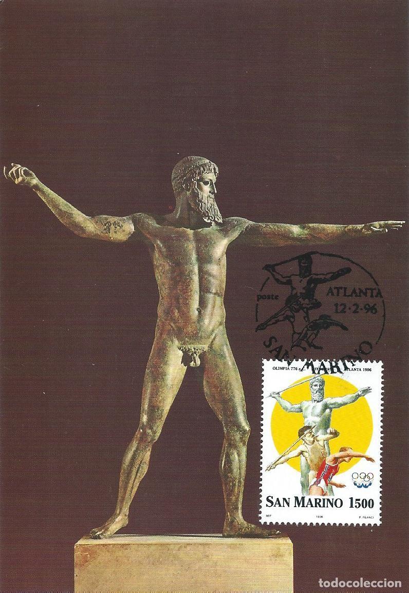 Sellos: 1996. SAN MARINO. M&Aacute;XIMA/MAXIMUM CARD. JJ. OO. ATLANTA. POSEIDON. YT 1436. DEPORTES/SPORTS/MITOLOG&Iacute;A
