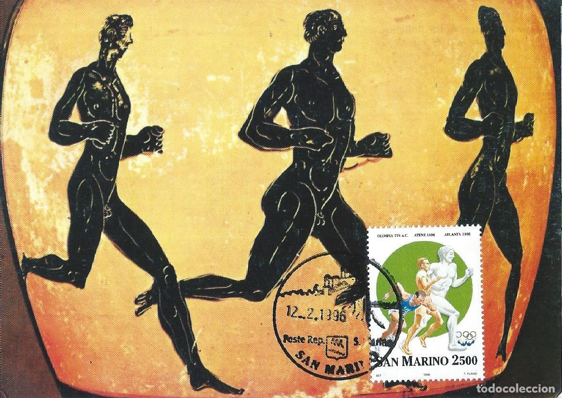 Sellos: 1996. SAN MARINO. M&Aacute;XIMA/MAXIMUM CARD. JJ. OO. ATLANTA. CARRERA. YT 1437. DEPORTES/SPORTS/MITOLOG&Iacute;A