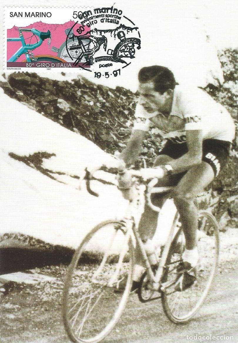 Sellos: 1997. SAN MARINO. M&Aacute;XIMA/MAXIMUM CARD. CICLISMO/CYCLING. GIRO DE ITALIA. YT 1509. DEPORTES/SPORTS.