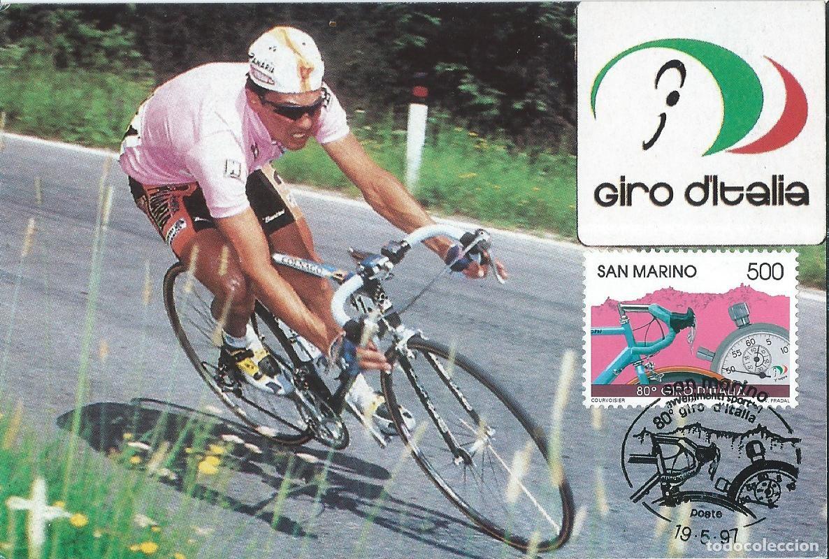 Sellos: 1997. SAN MARINO. M&Aacute;XIMA/MAXIMUM CARD. CICLISMO/CYCLING. GIRO DE ITALIA. YT 1509. DEPORTES/SPORTS.