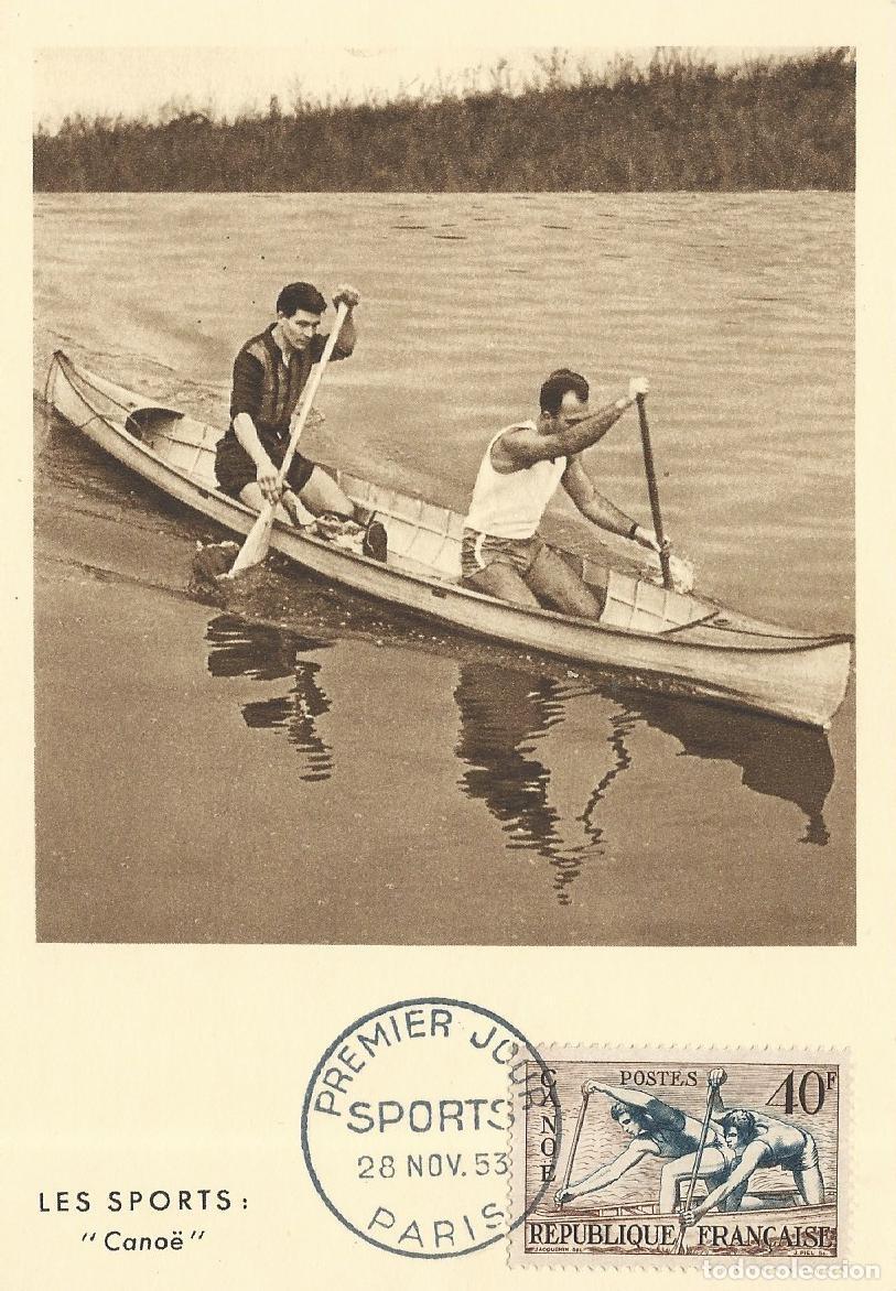 Sellos: 1953. FRANCIA/FRANCE. M&Aacute;XIMA/MAXIMUM CARD. PIRAG&Uuml;ISMO/CANOEING. YVERT 963. DEPORTES/SPORTS.