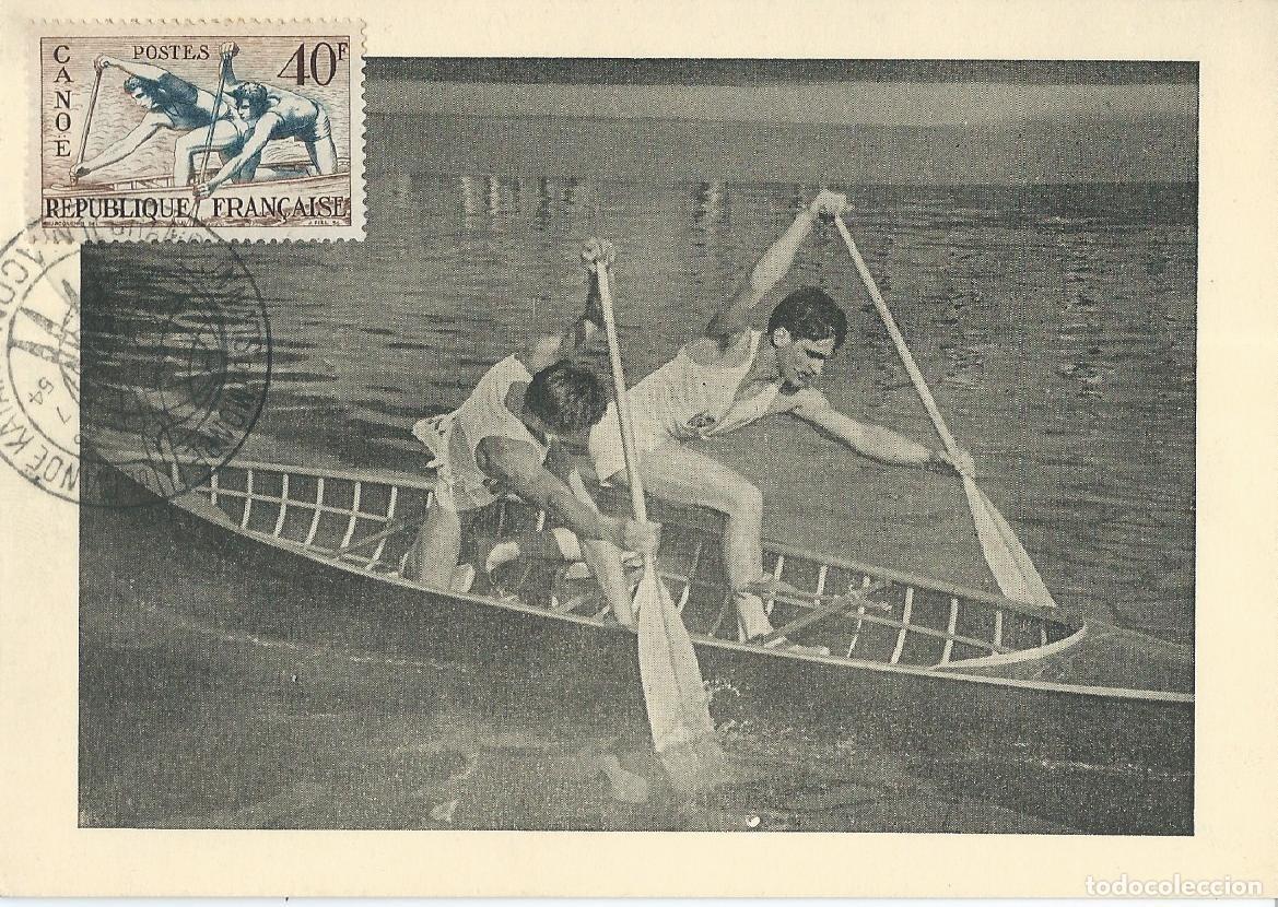 Sellos: 1953. FRANCIA/FRANCE. M&Aacute;XIMA/MAXIMUM CARD. PIRAG&Uuml;ISMO/CANOEING. YVERT 963. DEPORTES/SPORTS.