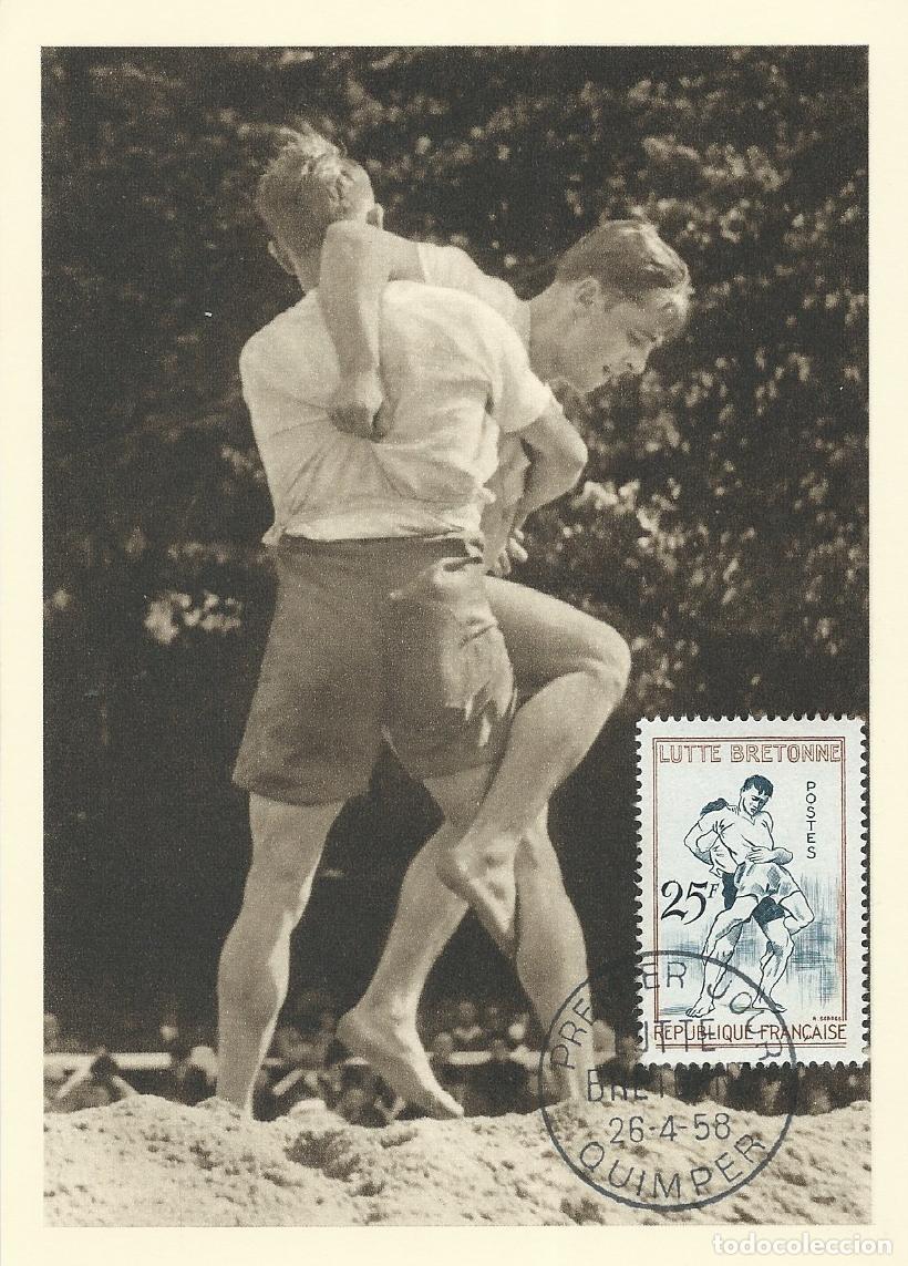 Sellos: 1958. FRANCIA/FRANCE. M&Aacute;XIMA/MAXIMUM CARD. LUCHA BRETONA/WRESTLING. YVERT 1164. DEPORTES/SPORTS.