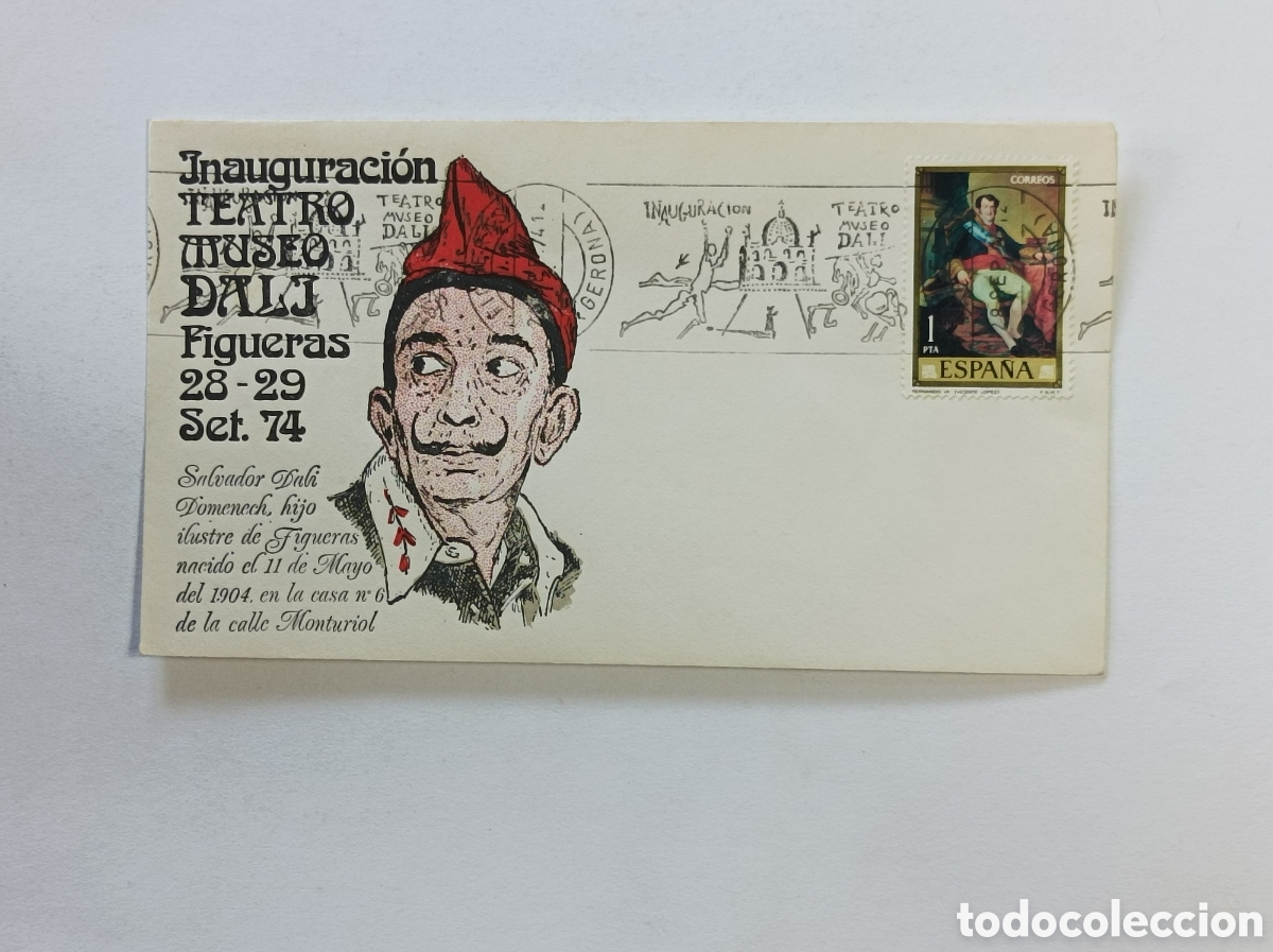 Sellos: SALVADOR DALI. SOBRE PRIMER D&Iacute;A. 1974. INAUGURACI&Oacute;N MUSEO.