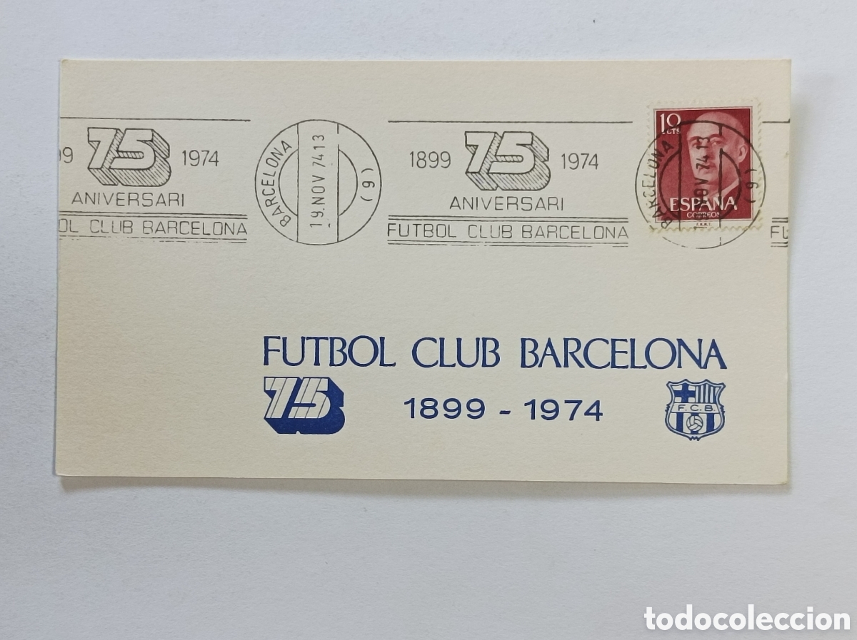Sellos: FUTBOL CLUB BARCELONA. 75 ANIVERSARIO. TARJETA CON MATASELLOS.