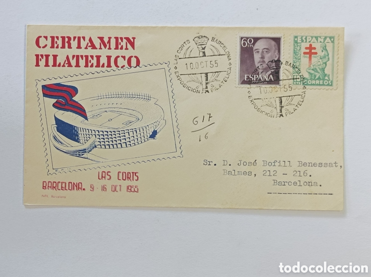 Sellos: CERTAMEN FILAT&Eacute;LICO LAS CORTS. 1955. SOBRE PRIMER D&Iacute;A. BARCELONA.