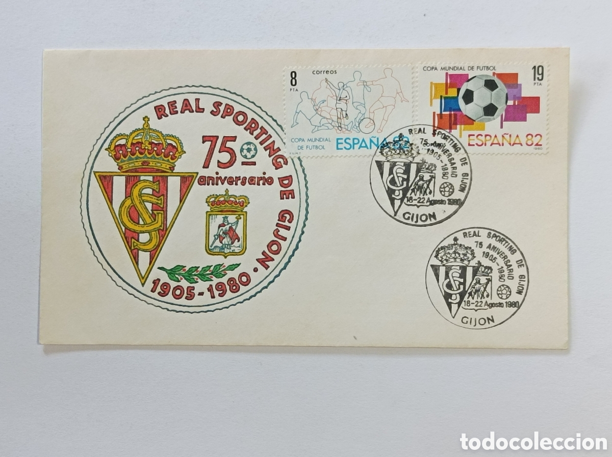Sellos: SPORTING DE GIJ&Oacute;N. 75 ANIVERSARIO. SOBRE PRIMER D&Iacute;A.