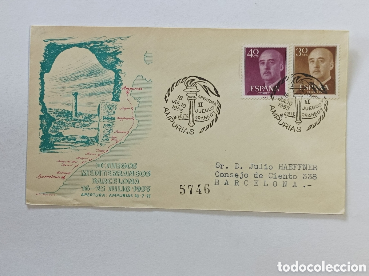Sellos: II JUEGOS MEDITERR&Aacute;NEOS. 1955. BARCELONA. SOBRE PRIMER D&Iacute;A.