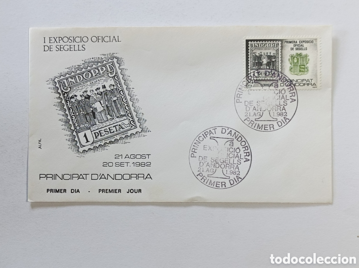 Stamps: I EXPORTACI&Oacute; OFICIAL DE SEGELLS. 1982. ANDORRA. SOBRE PRIMER D&Iacute;A.