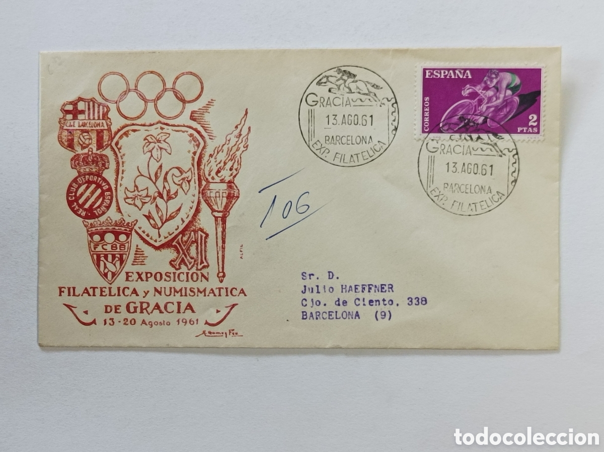 Sellos: EXPOSICI&Oacute;N FILATELICA DE GRACIA. 1961. SOBRE PRIMER D&Iacute;A.