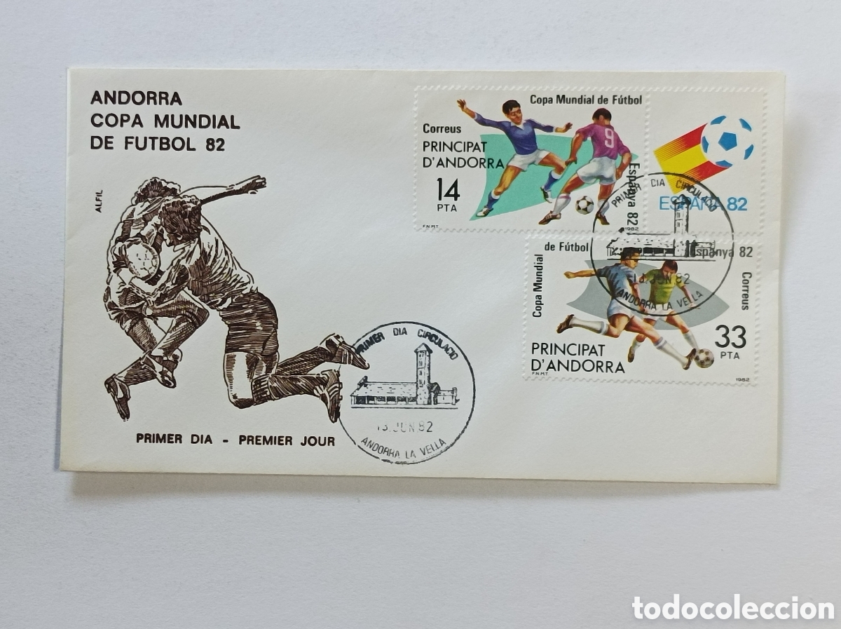 Sellos: MUNDIAL DE F&Uacute;TBOL 1982. ANDORRA. SOBRE PRIMER D&Iacute;A.