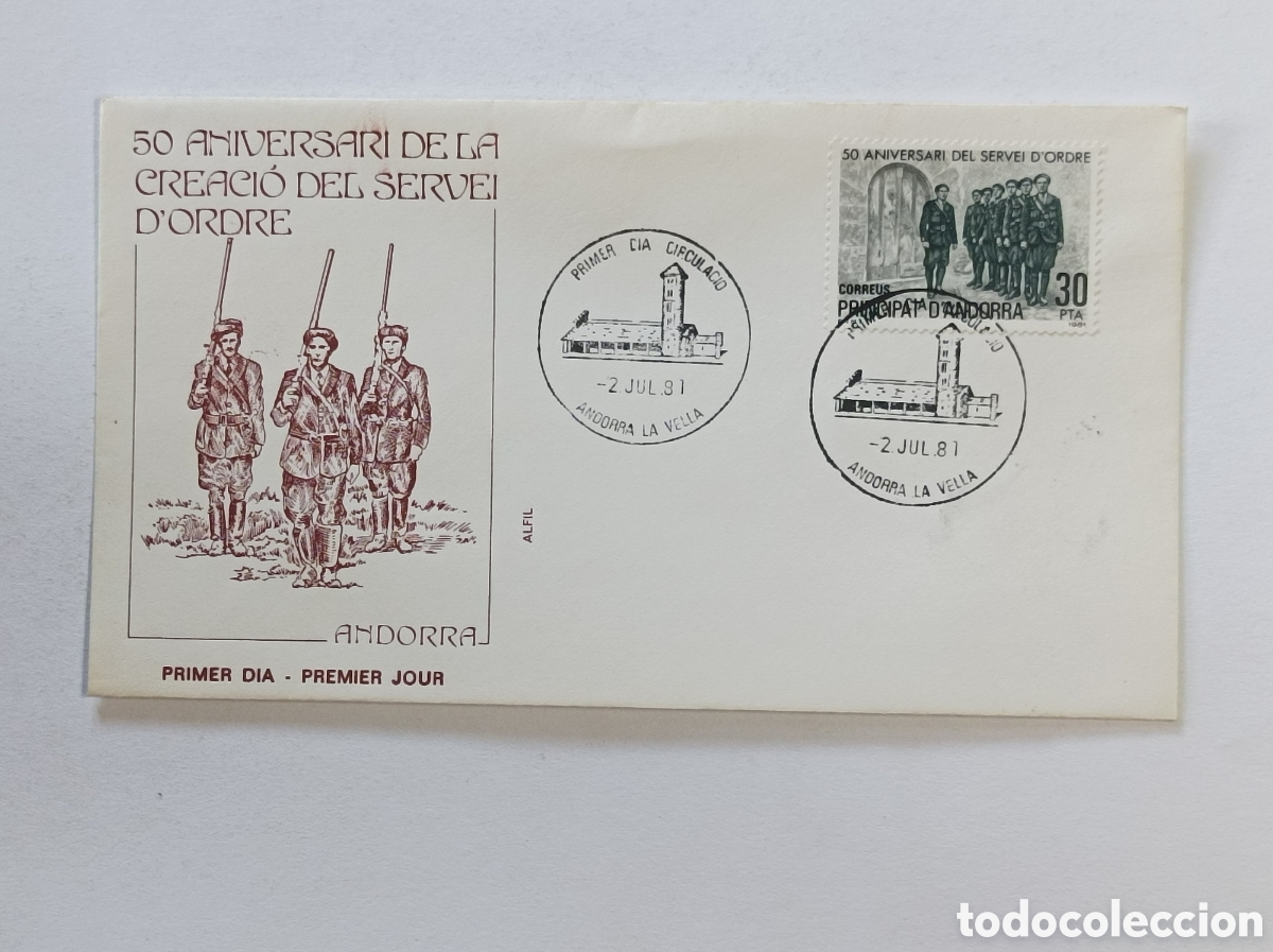 Sellos: SERVEI D'ORDRE. 50 ANIVERSARI. ANDORRA. SOBRE PRIMER D&Iacute;A.