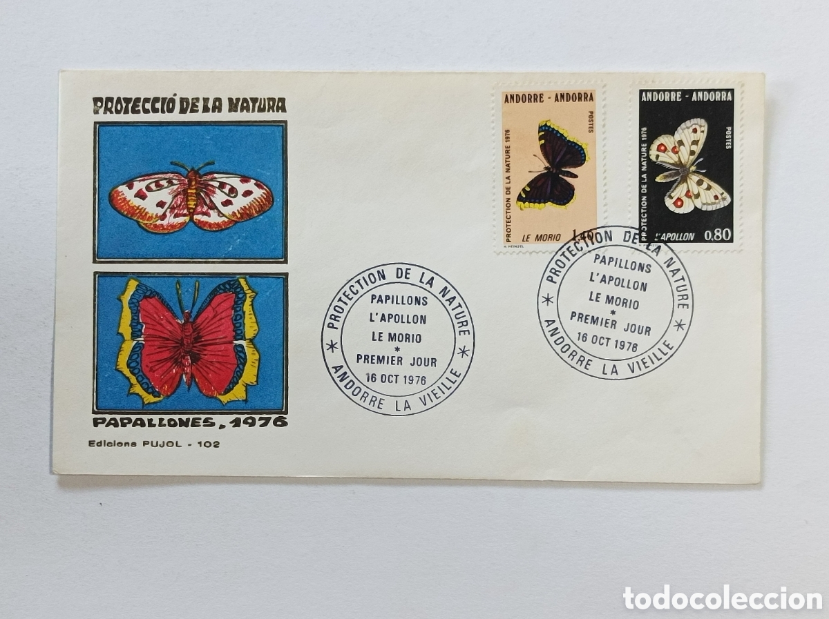 Sellos: PROTECCI&Oacute; DE LA NATURA. PAPALLONES. 1976. SOBRE PRIMER D&Iacute;A. ANDORRA.