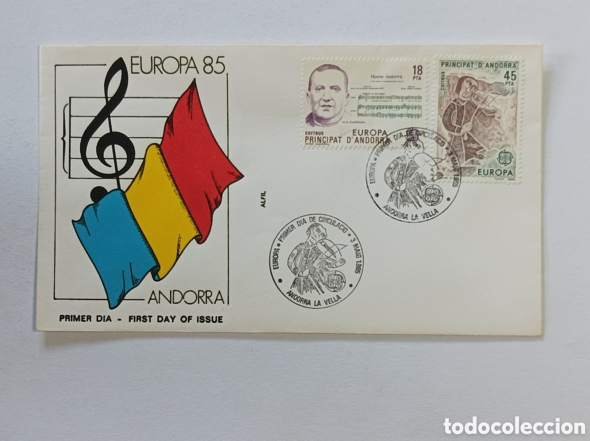 Sellos: ANDORRA. EUROPA 1985. SOBRE PRIMER D&Iacute;A.