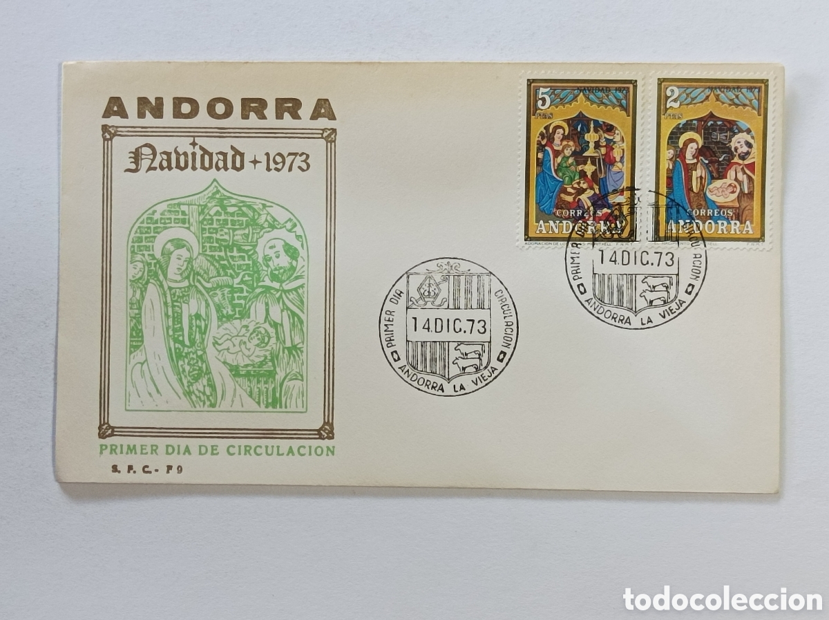 Sellos: ANDORRA. NAVIDAD 1973. SOBRE PRIMER D&Iacute;A.