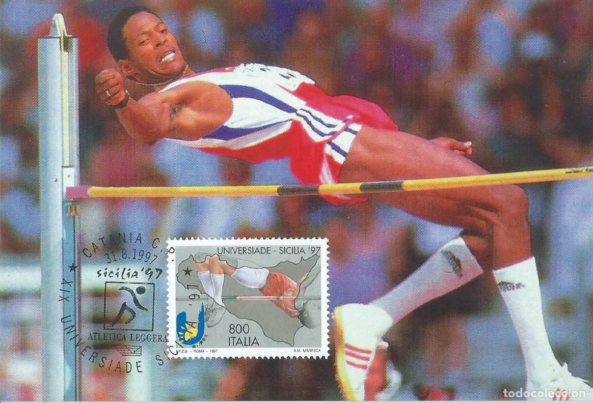 Sellos: 1997. ITALIA/ITALY. M&Aacute;XIMA/MAXIMUM CARD. ATLETISMO/ATHLETICS. ALTURA. YT 2258. DEPORTES/SPORTS.