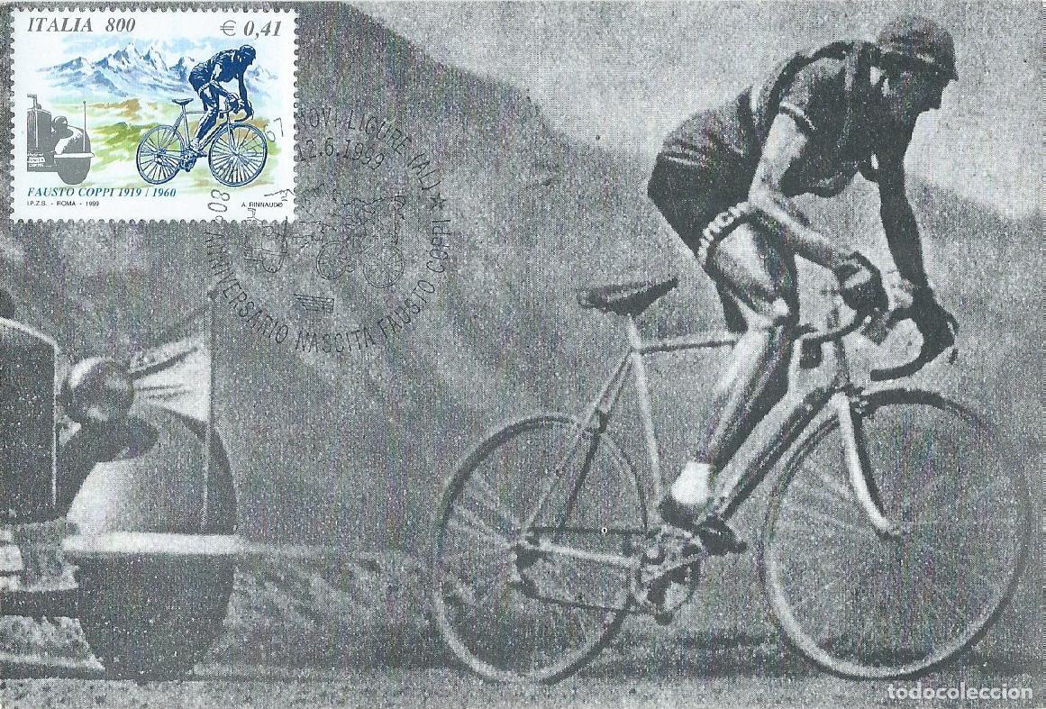 Sellos: 1999. ITALIA/ITALY. M&Aacute;XIMA/MAXIMUM CARD. CICLISMO/CYCLING. FAUSTO COPPI. YT 2371. DEPORTES/SPORTS.