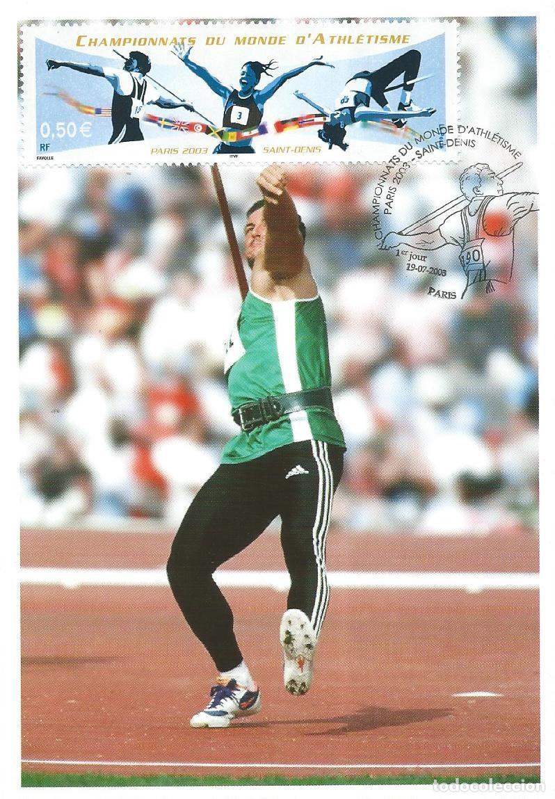 Sellos: 2003. FRANCIA/FRANCE. M&Aacute;XIMA/MAXIMUM CARD. ATLETISMO. JABALINA/JAVELIN. YT 3587. DEPORTES/SPORTS.
