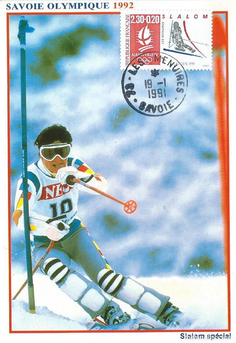 Sellos: 1991. FRANCIA/FRANCE. M&Aacute;XIMA/MAXIMUM CARD. ESQU&Iacute;. SLALOM. ALBERTVILLE'92. YT 2676. DEPORTES/SPORTS.
