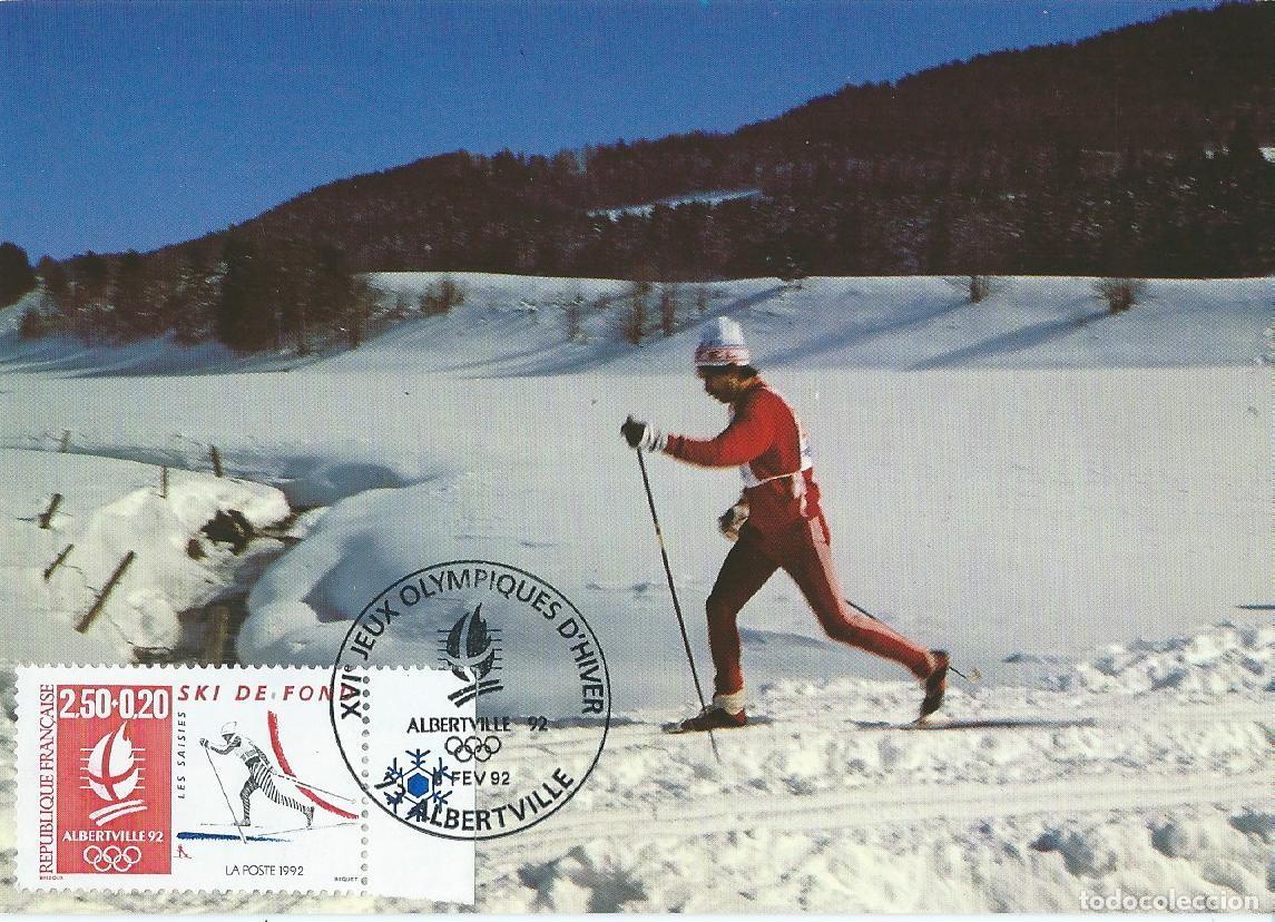 Sellos: 1992. FRANCIA/FRANCE. M&Aacute;XIMA/MAXIMUM CARD. ESQU&Iacute; FONDO. ALBERTVILLE'92. YT 2742. DEPORTES/SPORTS.