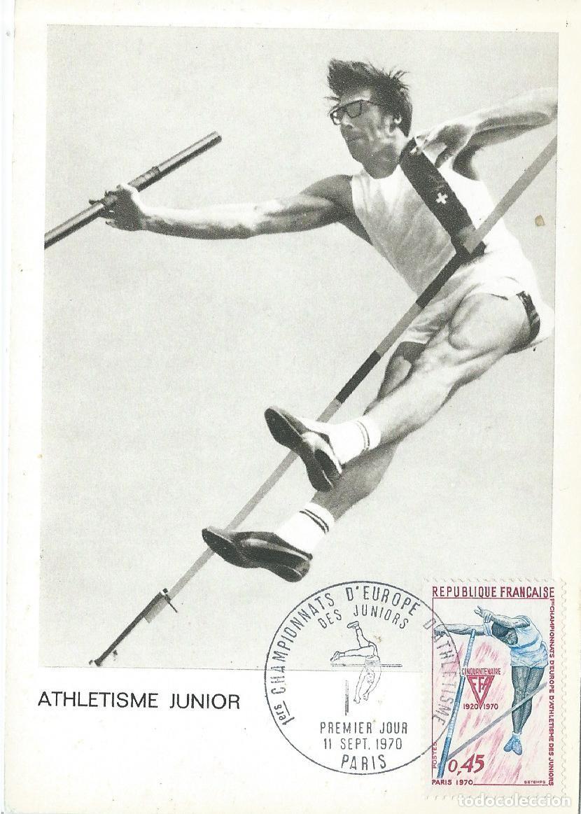 Sellos: 1970. FRANCIA/FRANCE. M&Aacute;XIMA/MAXIMUM CARD. ATLETISMO/ATHLETICS. P&Eacute;RTIGA. YT 1650. DEPORTES/SPORTS.