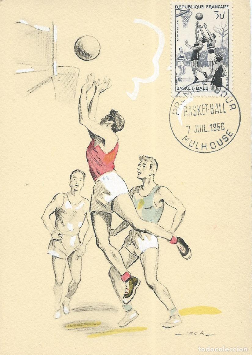 Sellos: 1956. FRANCIA/FRANCE. M&Aacute;XIMA/MAXIMUM CARD. BALONCESTO/BASKETBALL. YT 1072. DEPORTES/SPORTS.