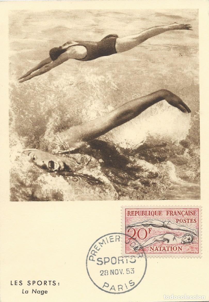 Sellos: 1953. FRANCIA/FRANCE. M&Aacute;XIMA/MAXIMUM CARD. NATACI&Oacute;N/SWIMMING. YVERT 960. DEPORTES/SPORTS.