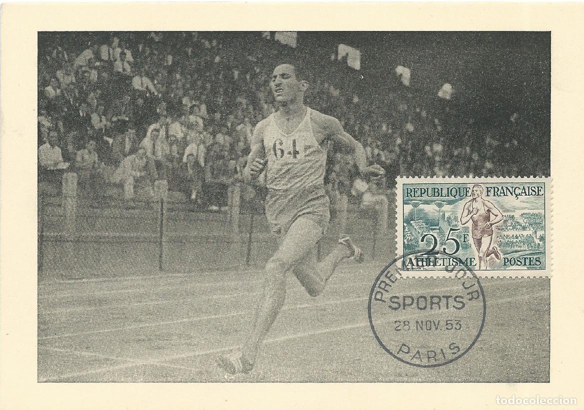 Sellos: 1953. FRANCIA/FRANCE. M&Aacute;XIMA/MAXIMUM CARD. ATLETISMO/ATHLETICS. CARRERA. YVERT 961. DEPORTES/SPORTS.