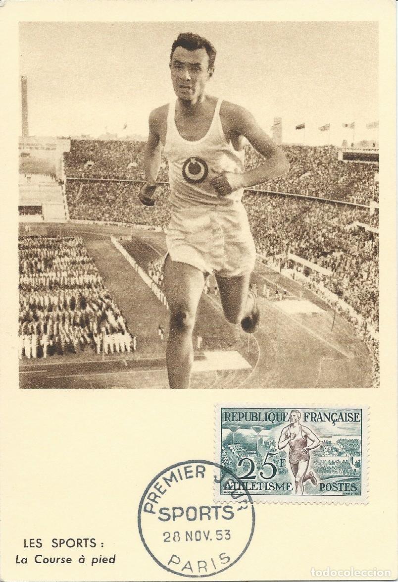 Sellos: 1953. FRANCIA/FRANCE. M&Aacute;XIMA/MAXIMUM CARD. ATLETISMO/ATHLETICS. CARRERA. YVERT 961. DEPORTES/SPORTS.