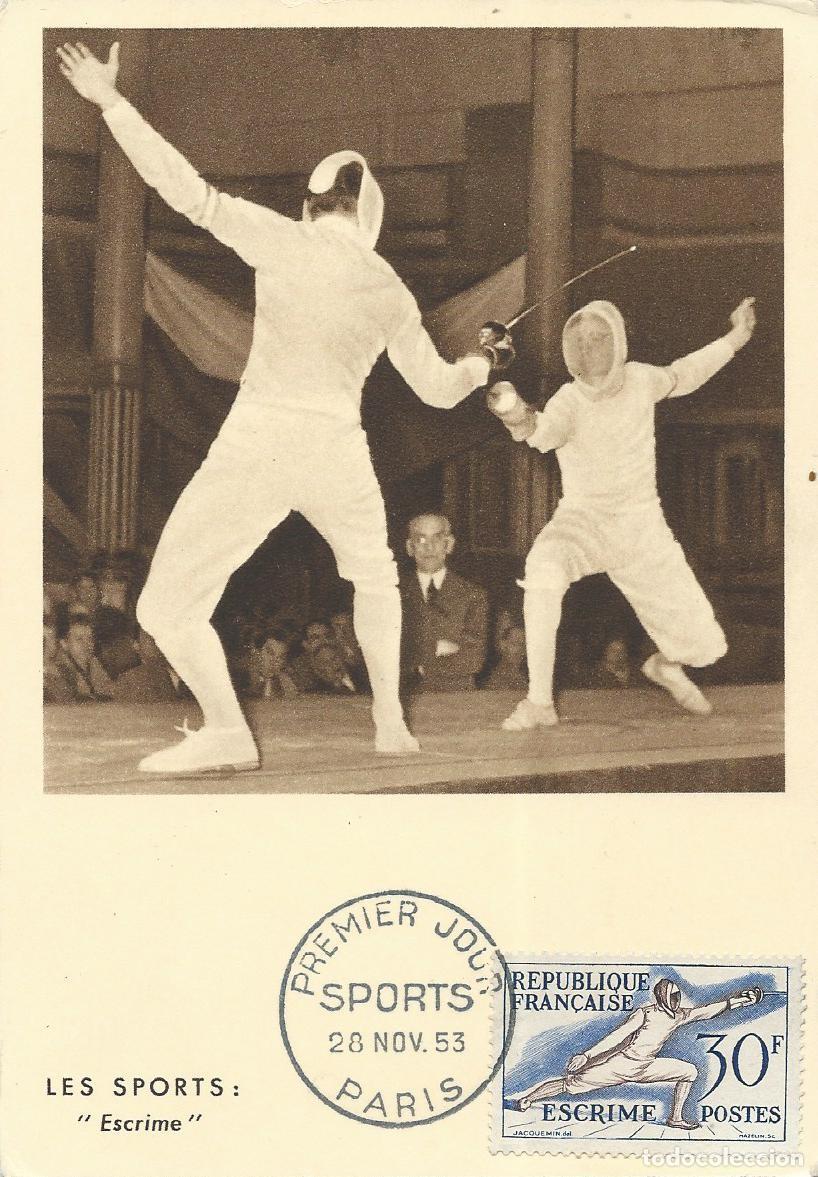 Sellos: 1953. FRANCIA/FRANCE. M&Aacute;XIMA/MAXIMUM CARD. ESGRIMA/FENCING. YVERT 962. DEPORTES/SPORTS.