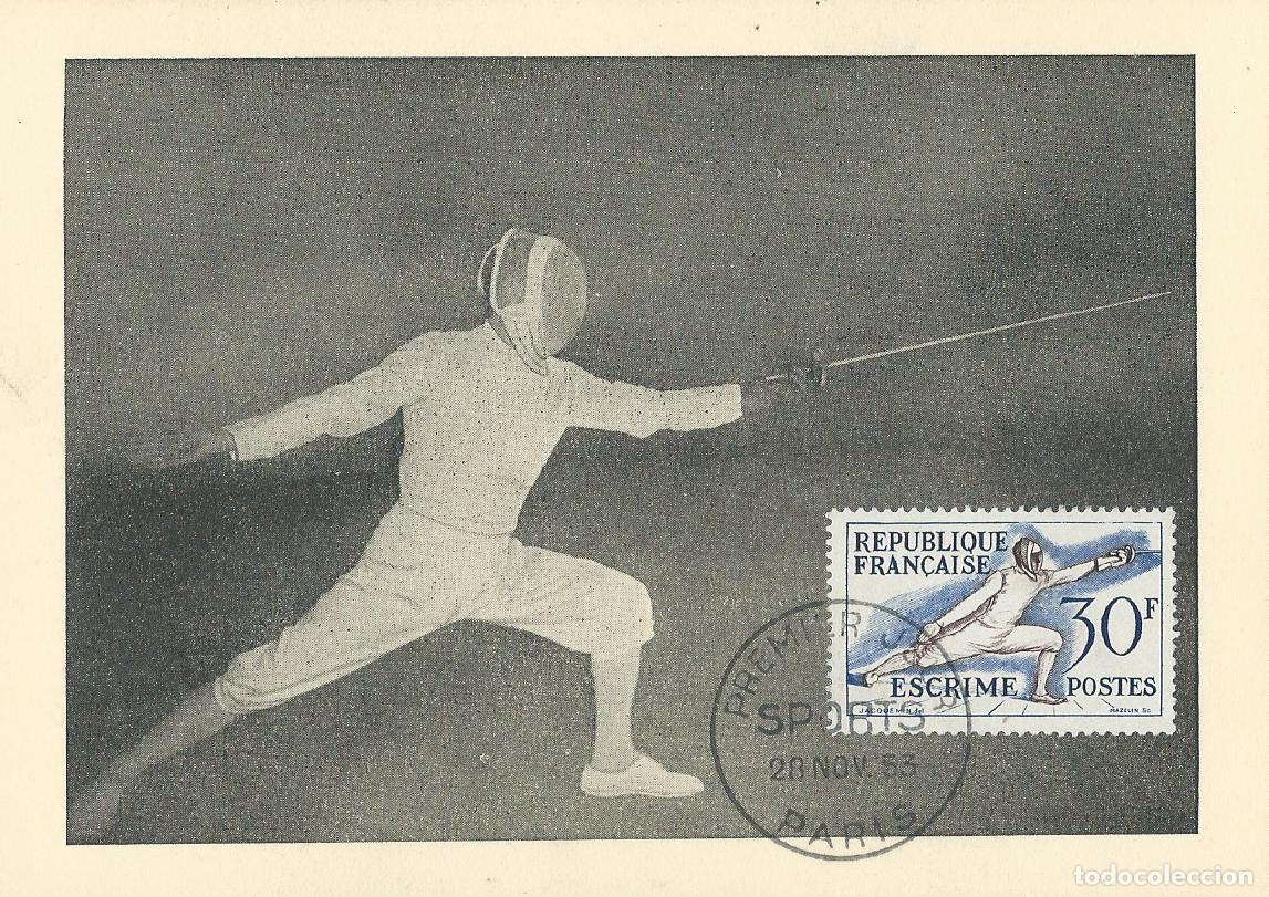 Sellos: 1953. FRANCIA/FRANCE. M&Aacute;XIMA/MAXIMUM CARD. ESGRIMA/FENCING. YVERT 962. DEPORTES/SPORTS.