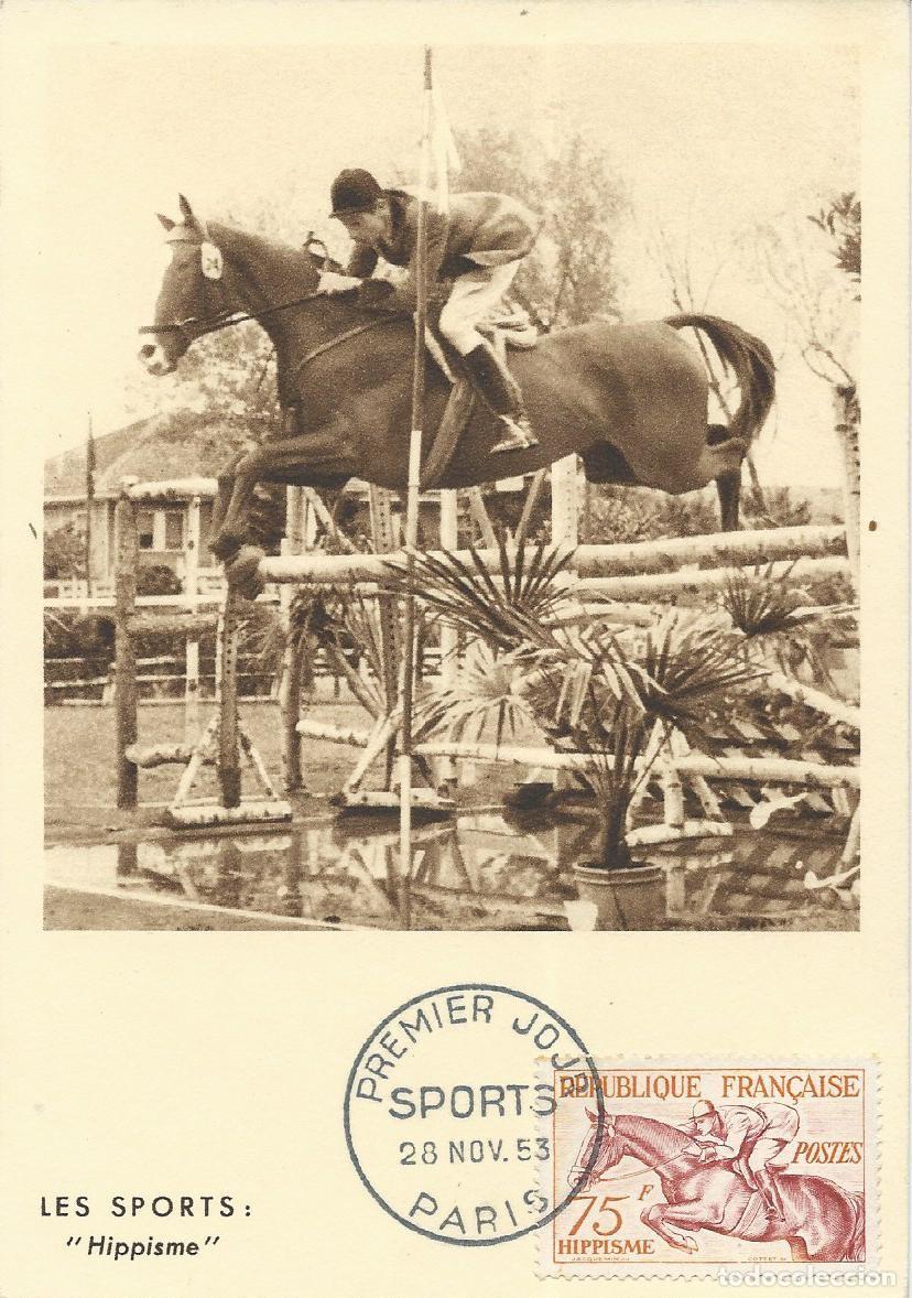 Sellos: 1953. FRANCIA/FRANCE. M&Aacute;XIMA/MAXIMUM CARD. H&Iacute;PICA/EQUESTRIAN. CABALLOS. YVERT 965. DEPORTES/SPORTS.