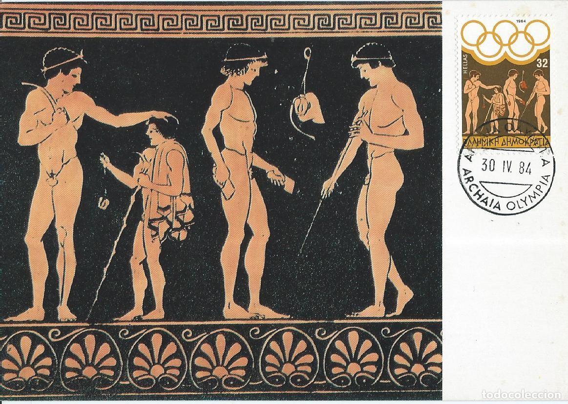 Sellos: 1984. GRECIA/GREECE. M&Aacute;XIMA/MAXIMUM CARD. JJ.OO. LOS ANGELES. YT 1538. DEPORTES/SPORTS. ARTE.