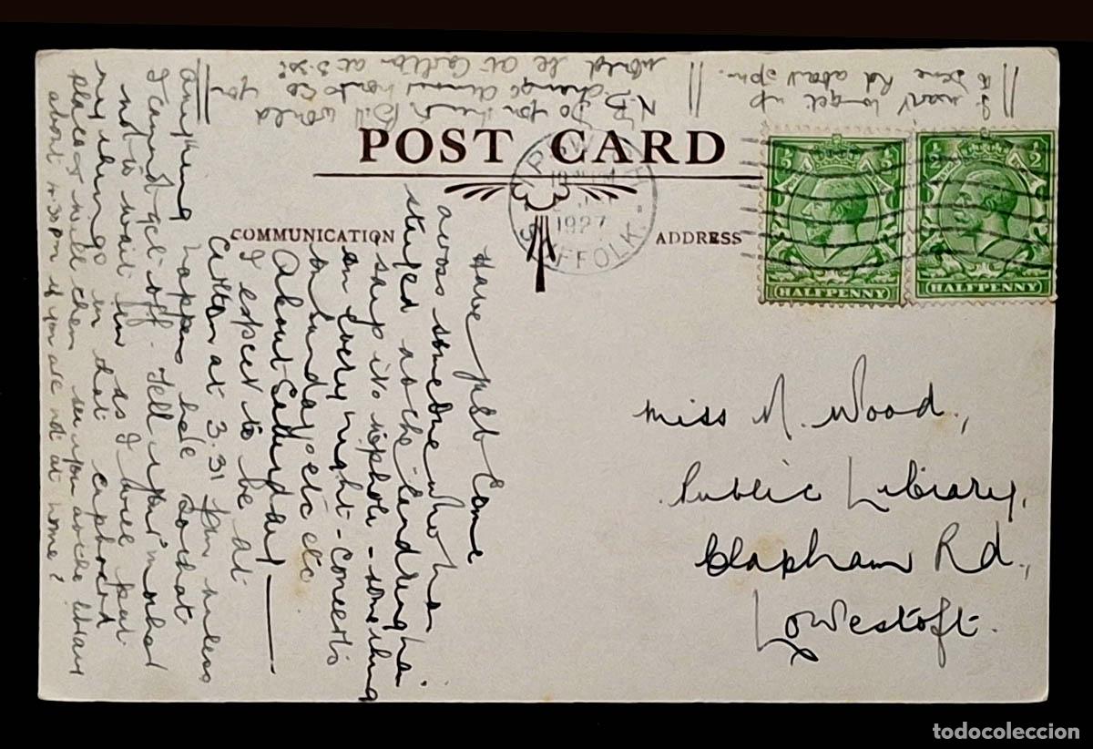 Selos: 1927, tarjeta postal de Reino Unido con 2 sellos de Half Penny, Ancient House, Sparrowes House