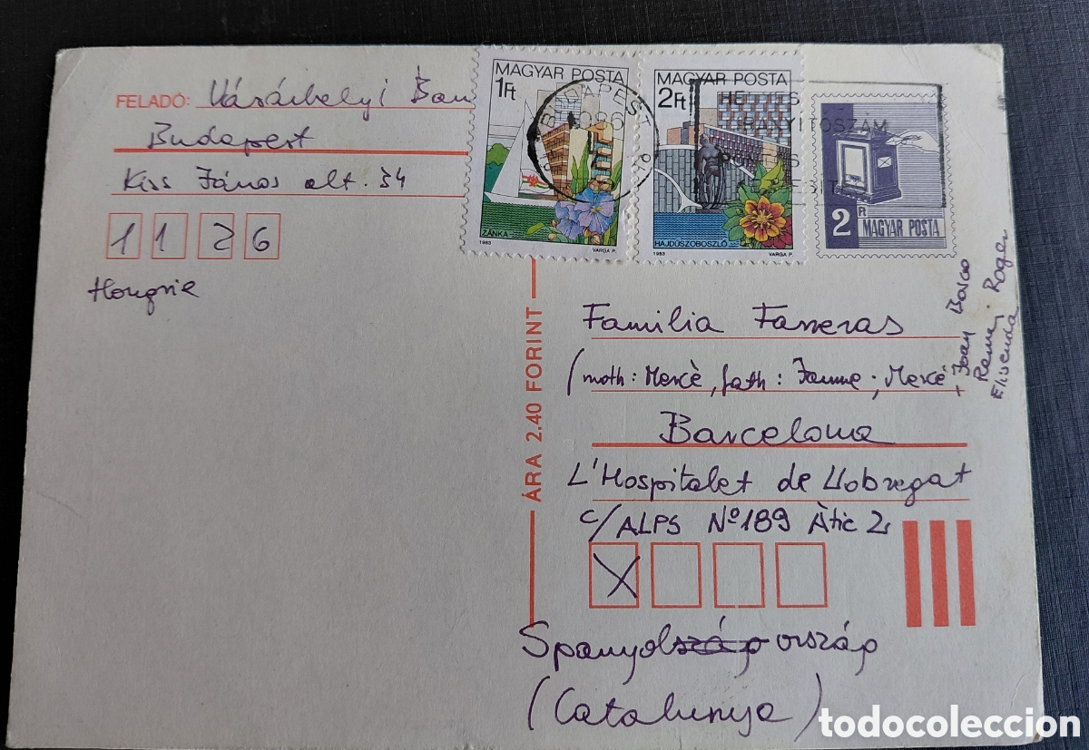 Sellos: Targeta postal Hungria 1986, con 3 sellos.Circulada - Foto 1