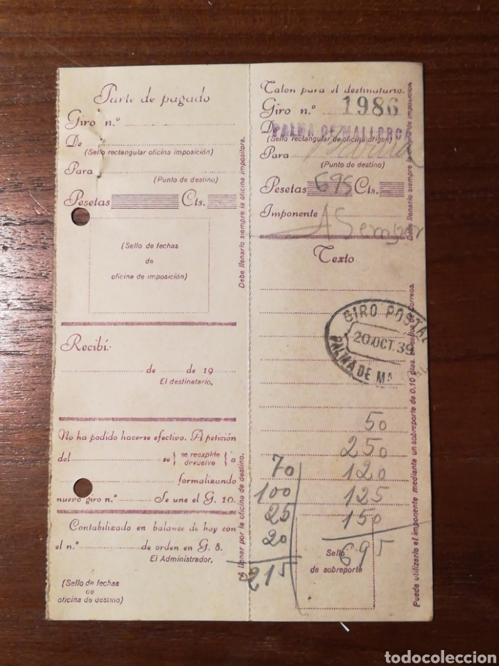 giro postal. palma mallorca 1939 Comprar Sellos Telégrafos España en