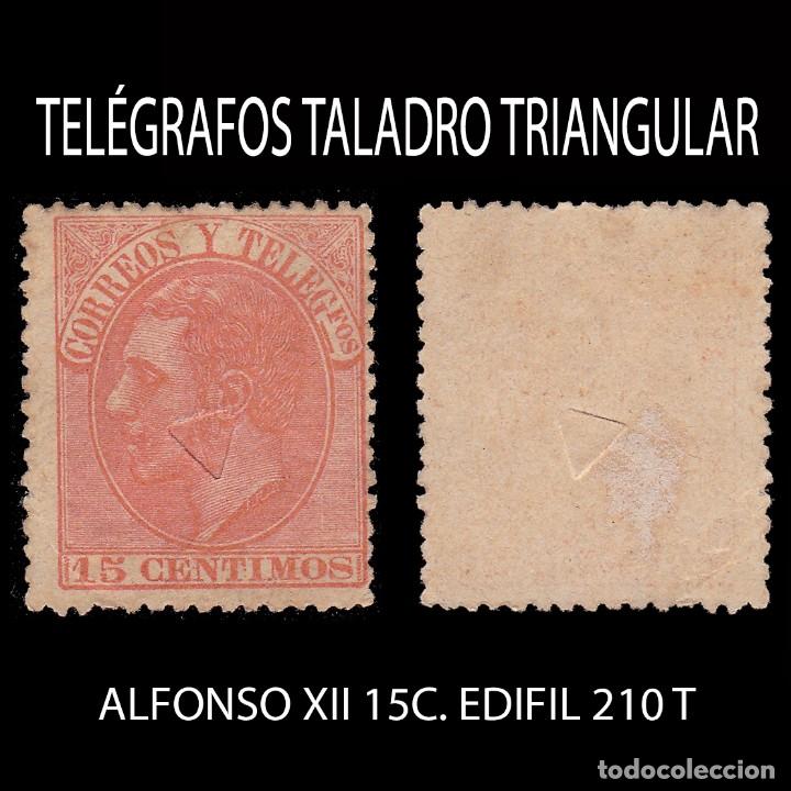 Sellos: Tel&eacute;grafos.1882.15c.Taladro Triangular.Edifil.210T - Foto 1