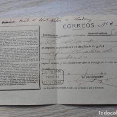 Sellos: ANTIGUO RECIBO ENVIO CERTIFICADO CORREOS TARRAGONA 1912 TARRAGONA-RIUDOMS. Lote 359787820