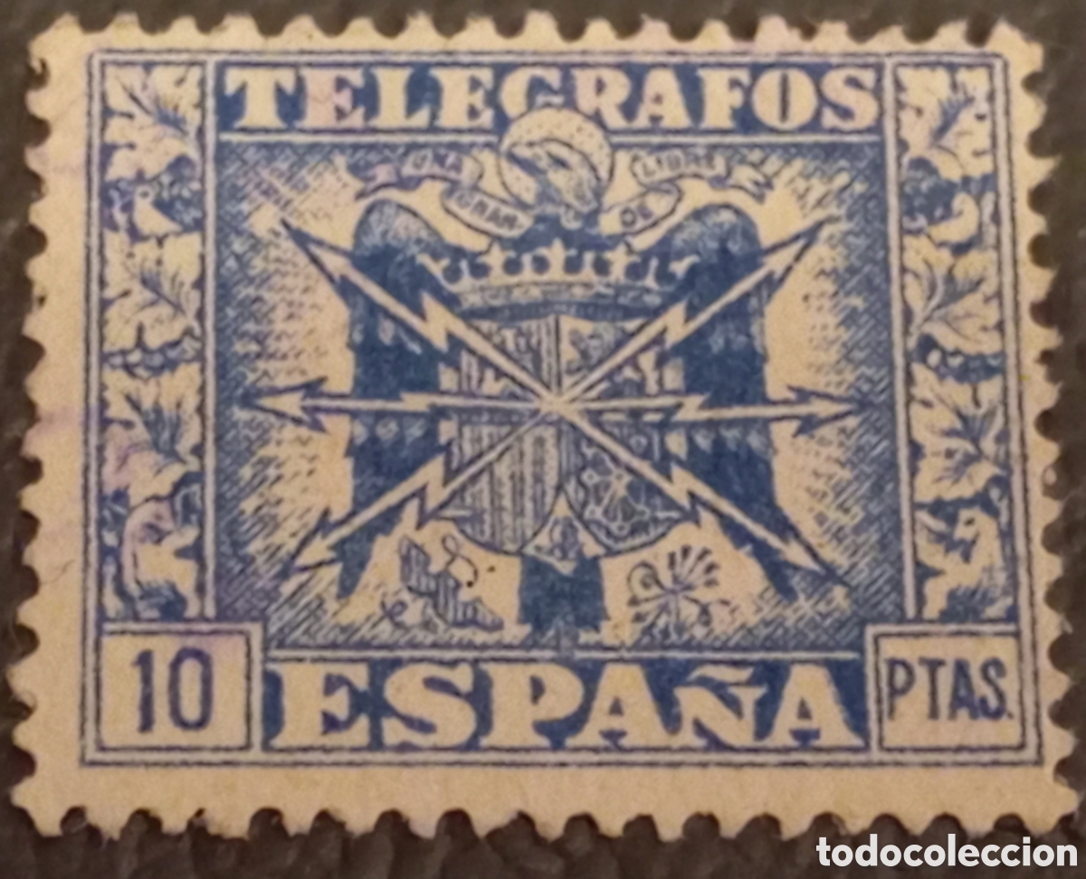 Sellos: Sello Espa&ntilde;a Tel&eacute;grafos 1940 Escudo y Rayos 10 Ptas - Edifil 84