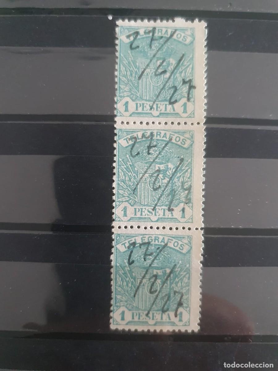 Sellos: TELEGRAFOS EDIFIL 60 USADOS BLOQUE DE 3 ESCUDO ESPA&Ntilde;A 1921