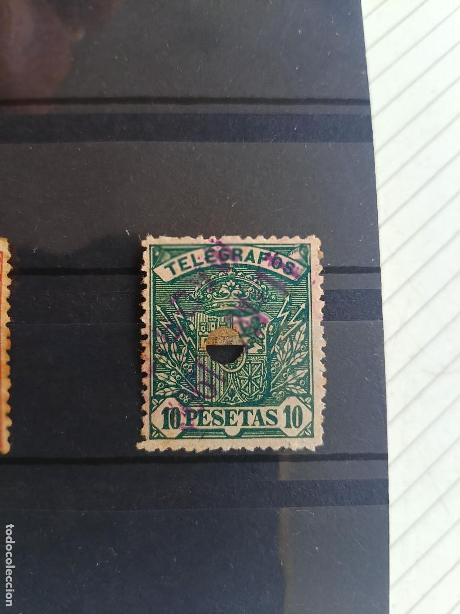 Selos: TELEGRAFOS. 1901, Escudo de Espa&ntilde;a. Valor de 10 pesetas cancelado con taladro