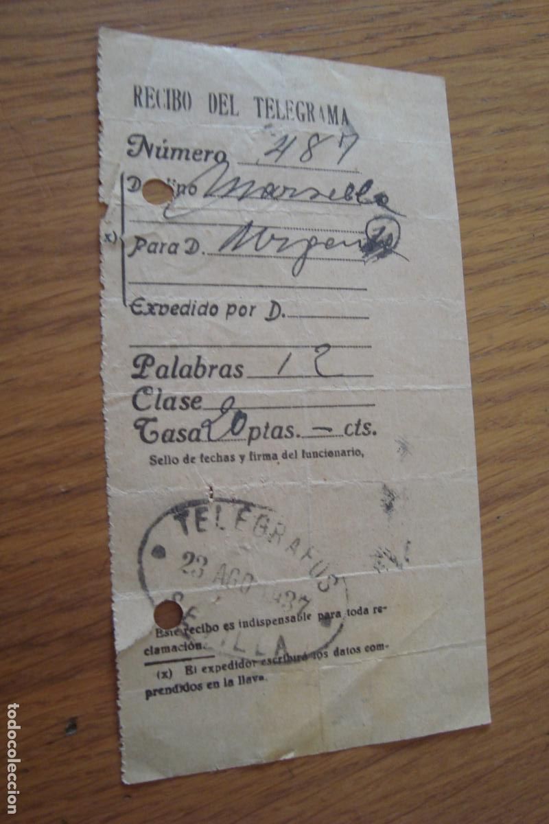Sellos: ANTIGUO RECIBO DE TELEGRAMA TELEGRAFOS SEVILLA 1937