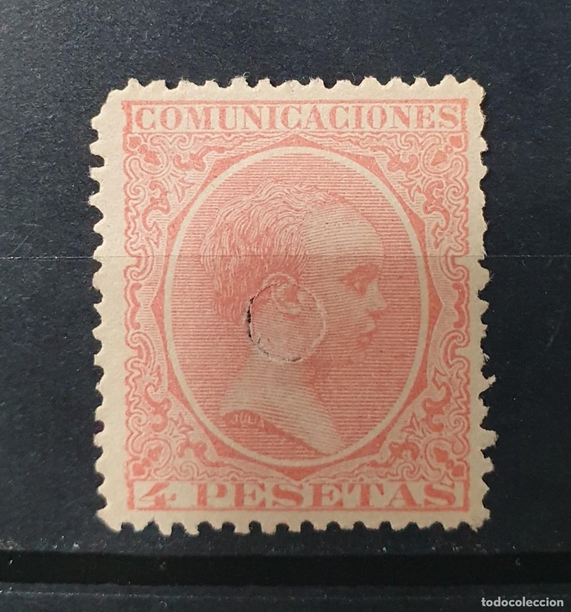 Sellos: TELEGRAFOS EDIFIL 227 T SIN PERDIDA DE PAPEL 4 PESETAS ALFONSO XIII PELON ESPA&Ntilde;A 1899
