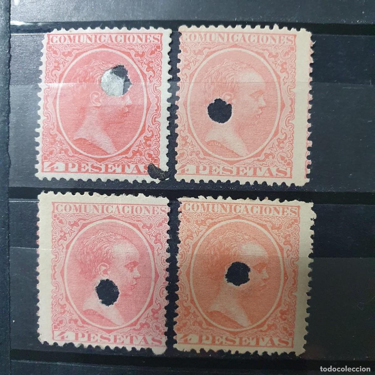 Sellos: TELEGRAFOS EDIFIL 227 T 4 PESETAS ALFONSO XIII PELON ESPA&Ntilde;A 1899 VARIACIONES COLOR